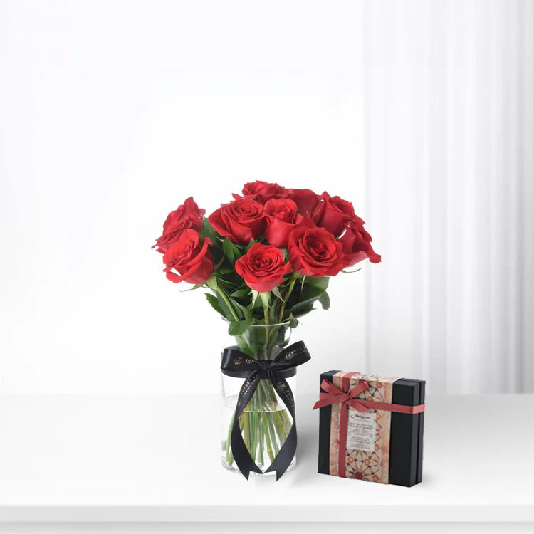 12 Valentine Red Roses Vase Chocolate Combo - Zuvees.ae