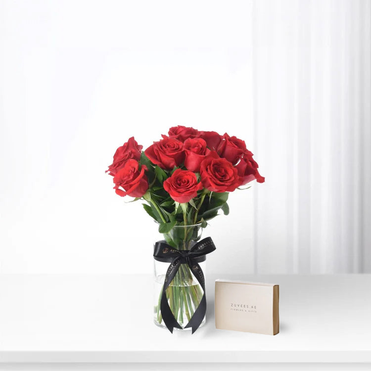 12 Valentine Red Roses Vase Chocolate Combo - Zuvees.ae