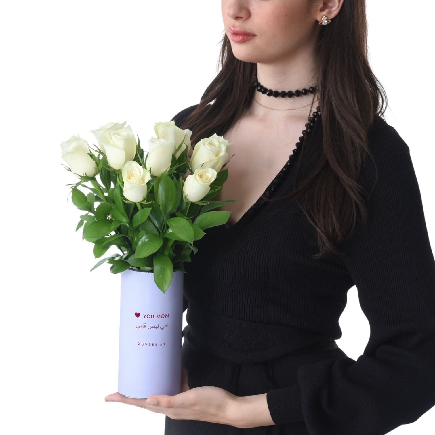12 White Roses Vase To Mom with Zuvees Chocolates - Zuvees.ae