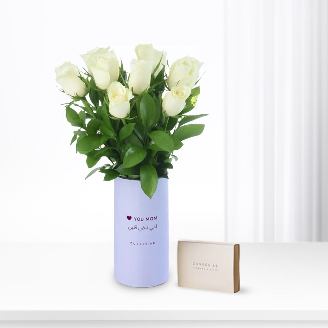 12 White Roses Vase To Mom with Zuvees Chocolates - Zuvees.ae
