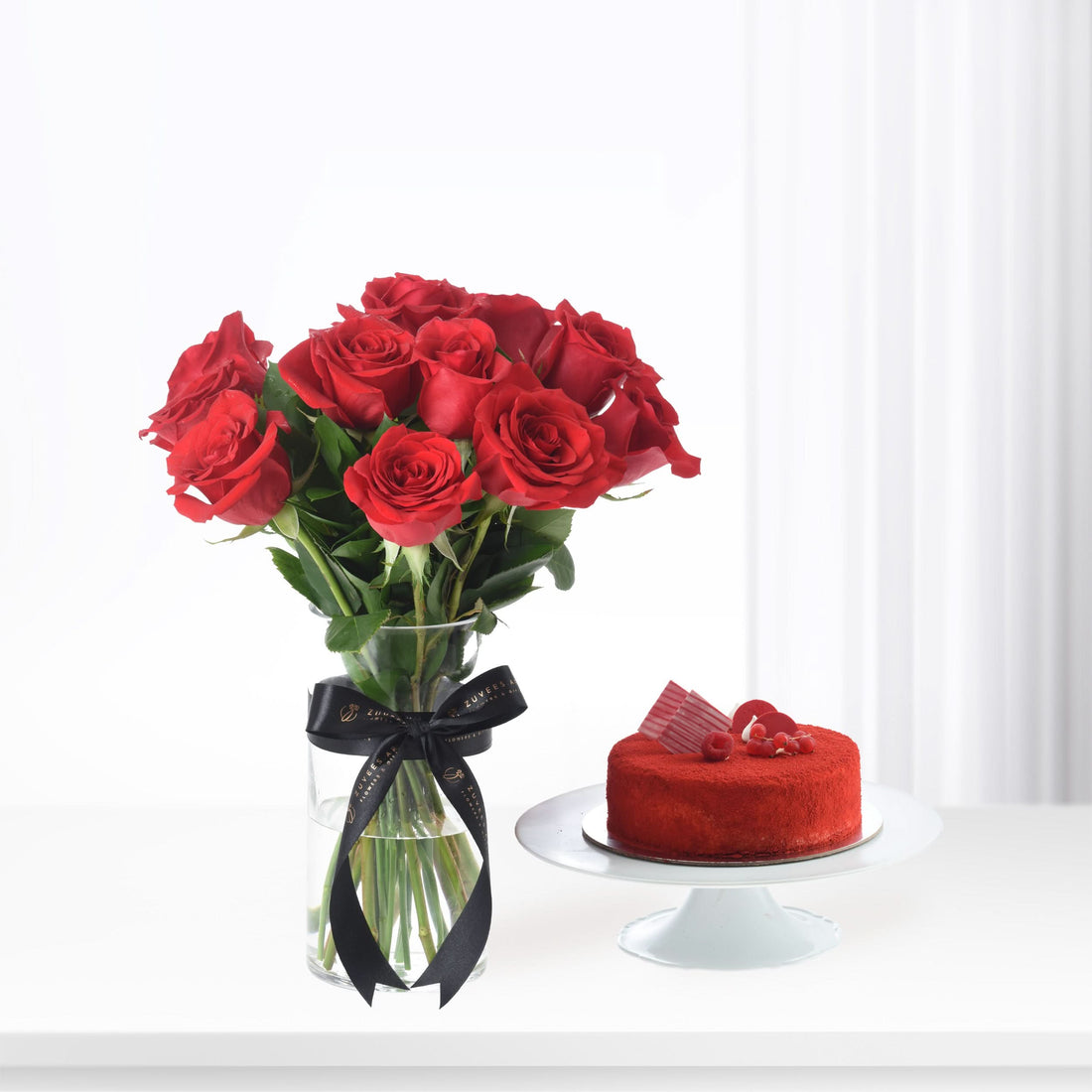 12 Red Roses In Glass Vase Cake Combo - Zuvees.ae