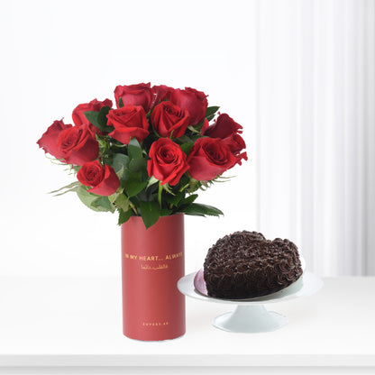 15 Red Roses In In My Heart Always Vase Cake Combo - Zuvees.ae
