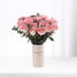 Soft pink roses in minimalist vase, “Congratulations” text, elegant celebration bouquet.