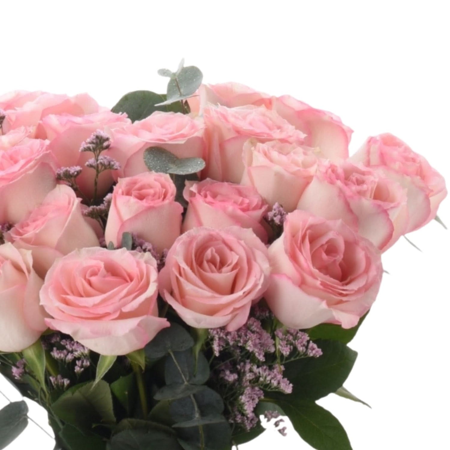 Soft pink roses with lavender accents and eucalyptus, elegantly arranged.