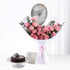 Pink roses, silver balloon, chocolate cake—birthday gift set.