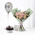 Pink rose bouquet, chocolate cake, silver "Happy Birthday" balloon, mint wrap, pink ribbon, greeting card.