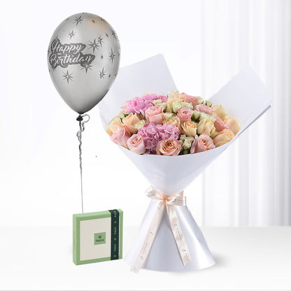 Silver balloon, pastel roses, elegant white wrap, green gift box.