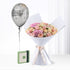 Silver balloon, pastel roses, elegant white wrap, green gift box.