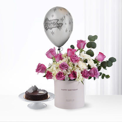 Silver balloon, pink roses, white hydrangeas, chocolate cake, "Happy Birthday" gift set.