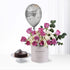 Silver balloon, pink roses, white hydrangeas, chocolate cake, "Happy Birthday" gift set.
