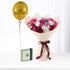 Golden balloon, vibrant rose bouquet, elegant ribbon, and branded chocolate box for birthday celebration.