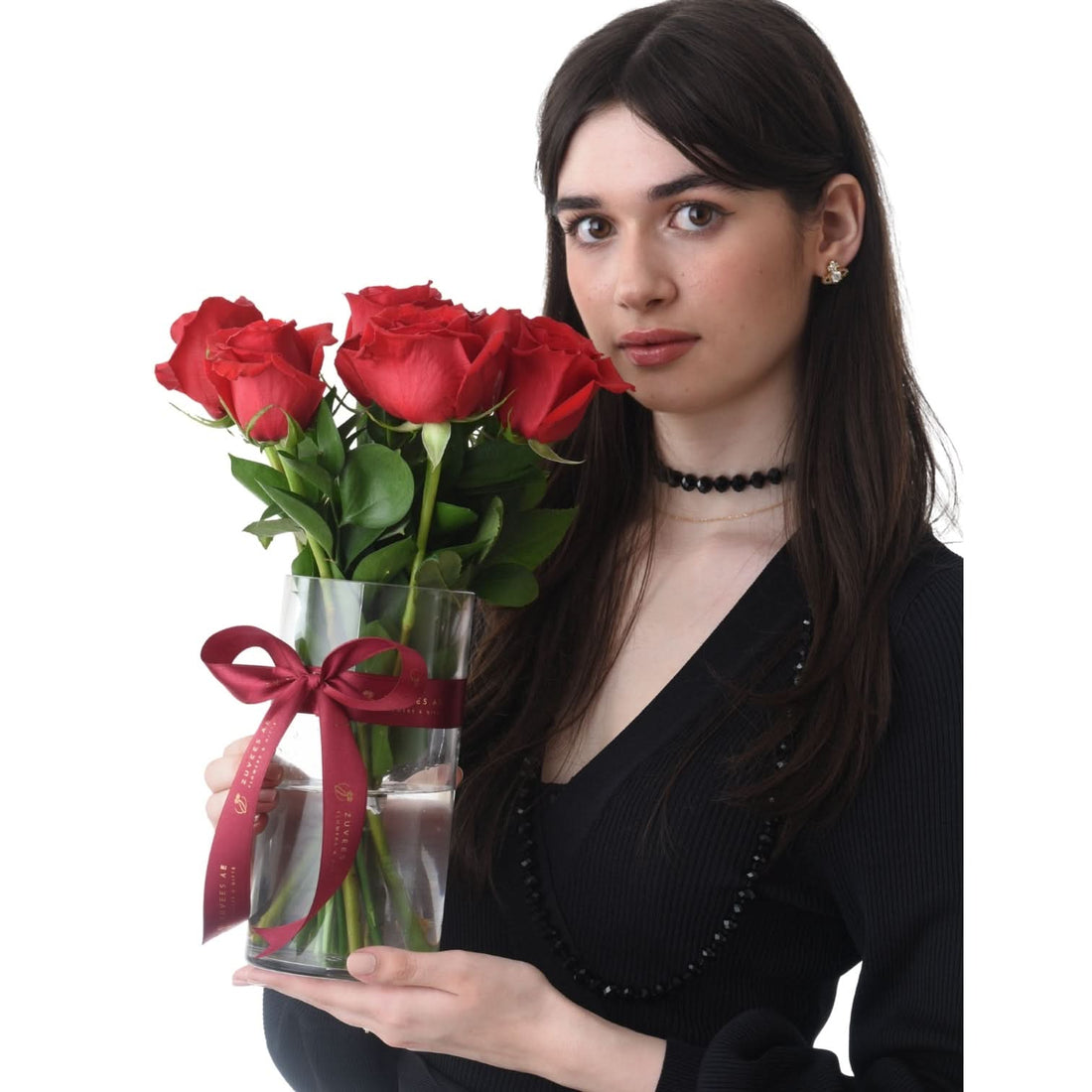 6 Roses In Glass Vase - Zuvees.ae