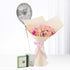 Pastel pink roses, silver "Happy Birthday" balloon, and green gift box.
