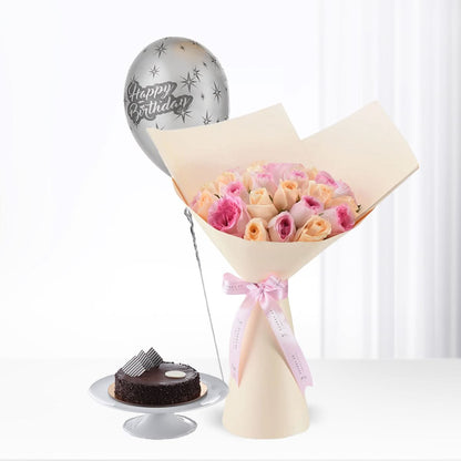 Pastel pink roses, silver balloon, chocolate cake — elegant birthday gift set.