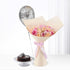 Pastel pink roses, silver balloon, chocolate cake — elegant birthday gift set.