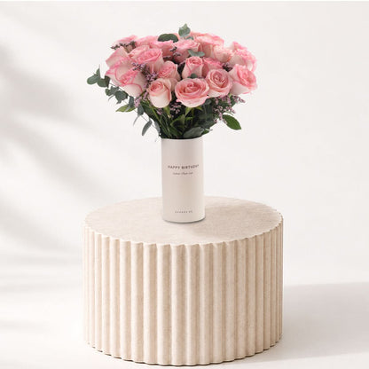 24 Pink Roses in Happy Birthday Vase - Zuvees.ae