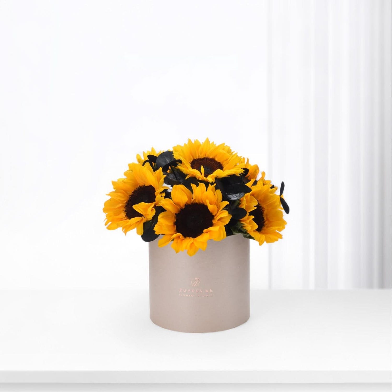 Vibrant sunflowers in matte beige cylinder vase, minimalist white background.