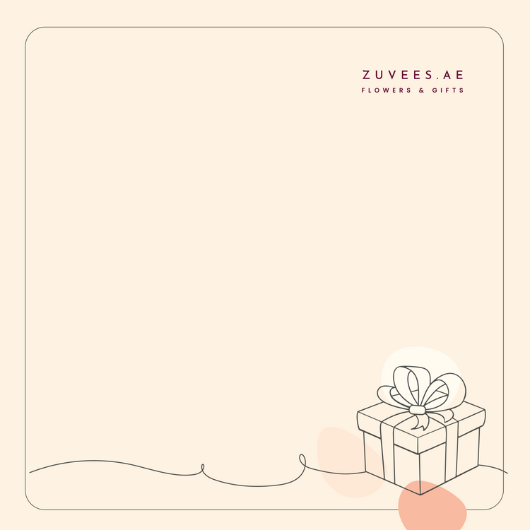 Soft beige background with minimalist gift box illustration and “ZUVEES.AE FLOWERS &amp; GIFTS” branding.