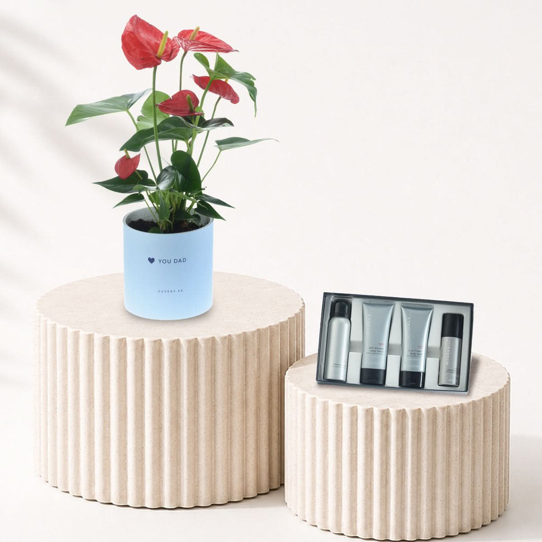 Red Anthurium plant in a Love You Dad vase with a Rituals gift set, Father&