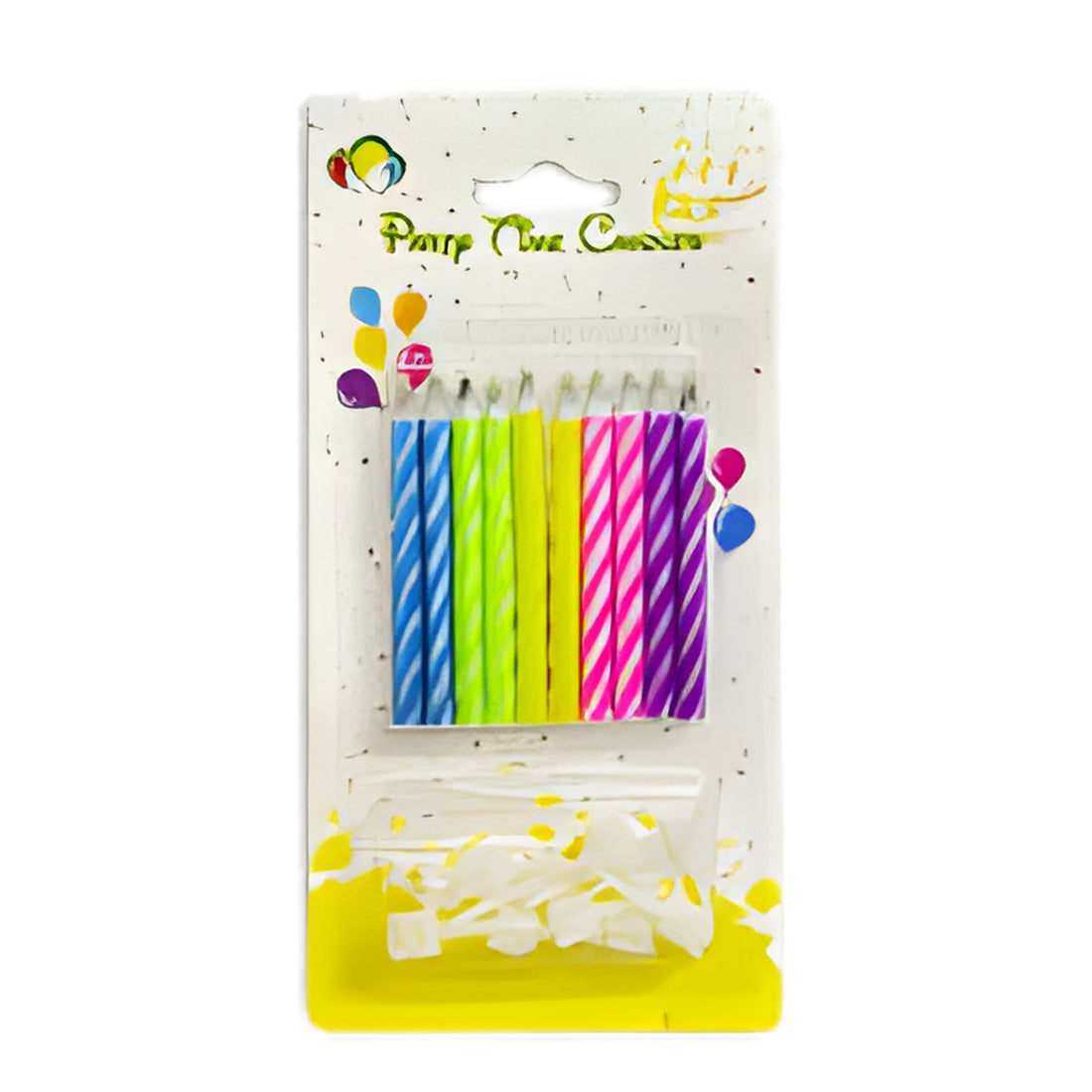 Vibrant striped birthday candles in rainbow hues, packaged with confetti.