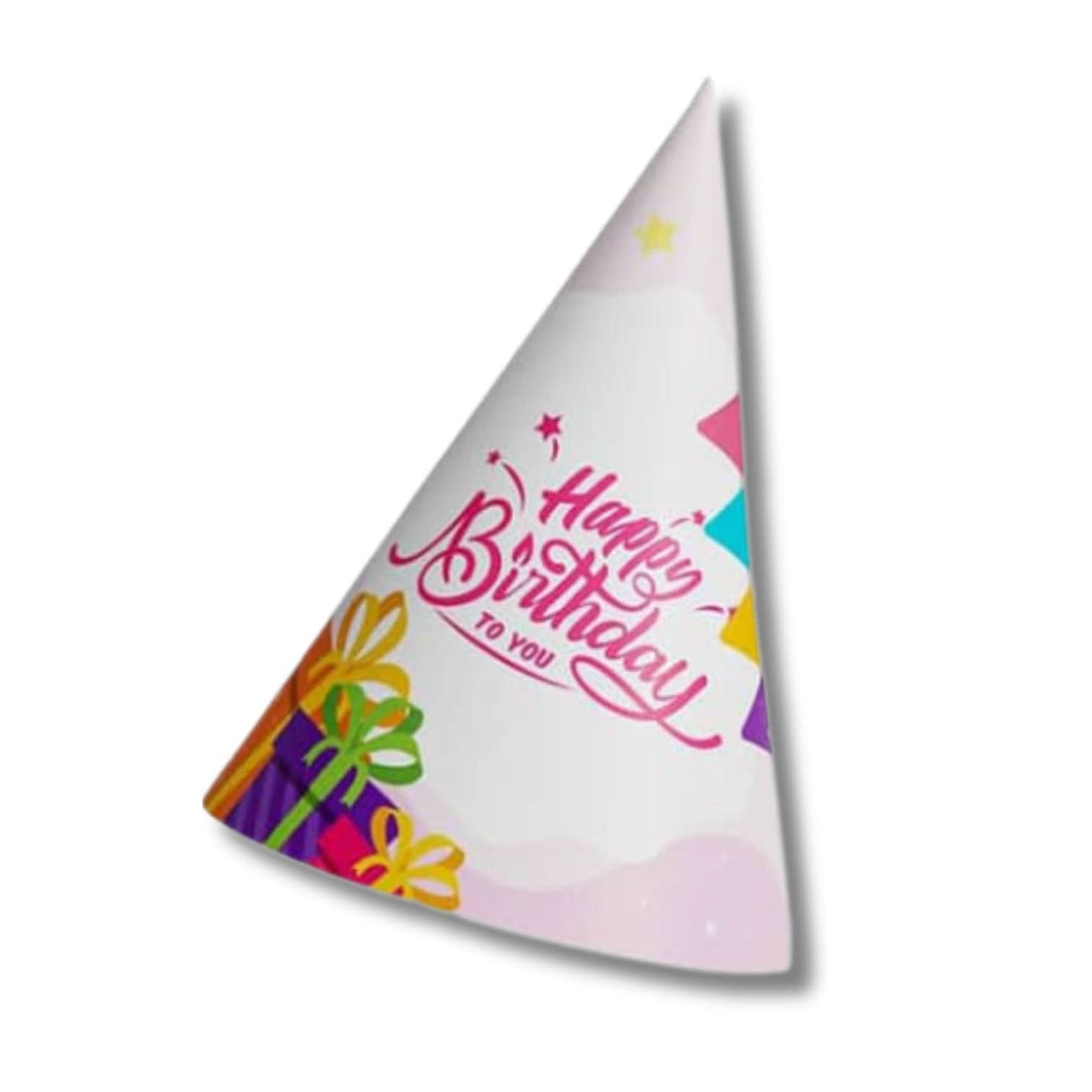 Pastel party hat with "Happy Birthday" in pink script, colorful gifts, and stars.