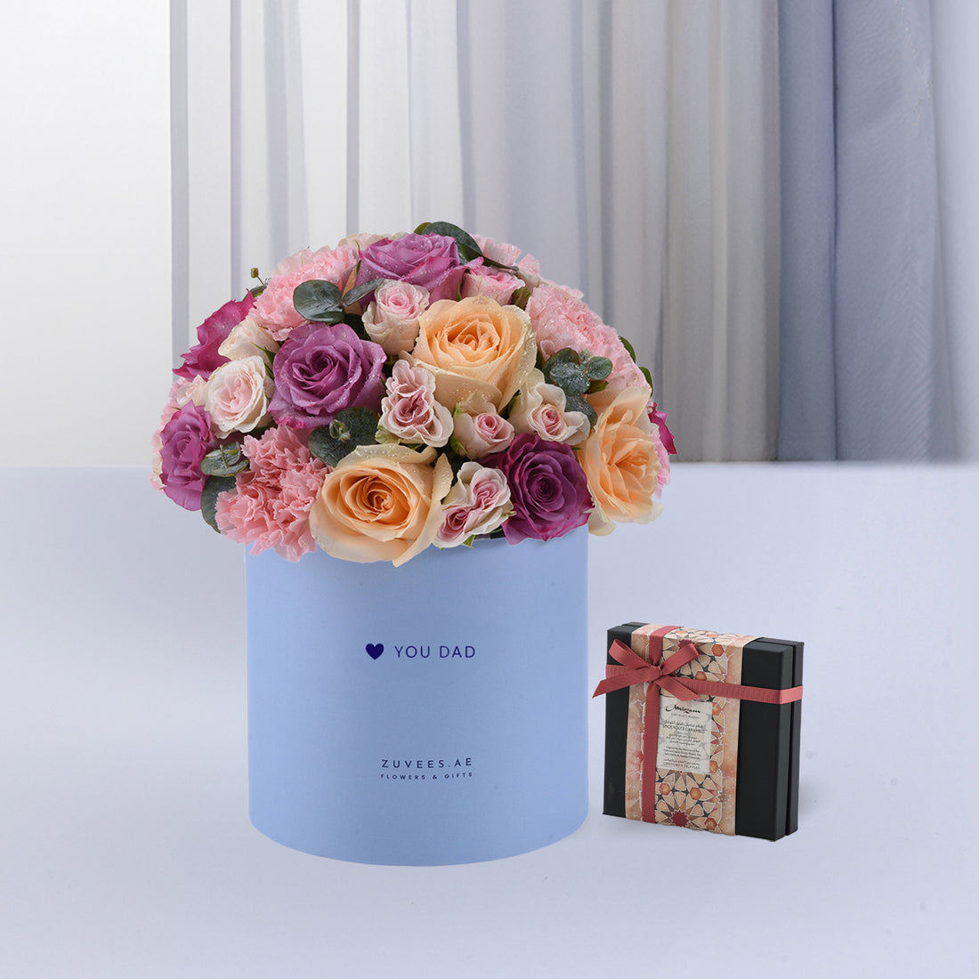 Pastel roses and carnations in light blue box with "YOU DAD" message.