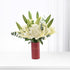 Elegant white lilies and hydrangeas in a bold red vase with heartfelt message.