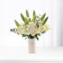 Cream vase with "Thank You" text holds white lilies, hydrangeas, and green buds.