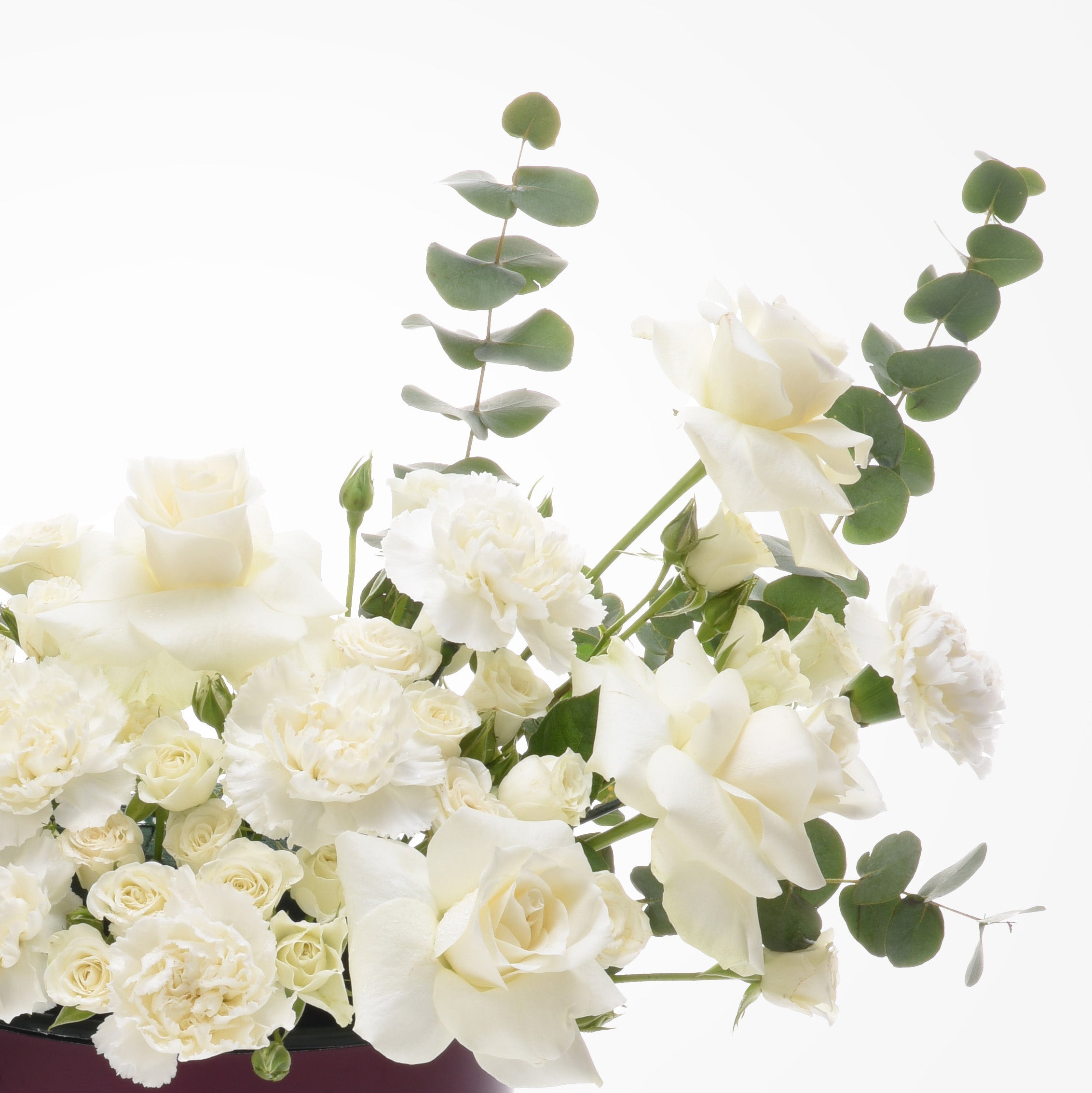 Elegant white roses and eucalyptus in minimalist floral arrangement.