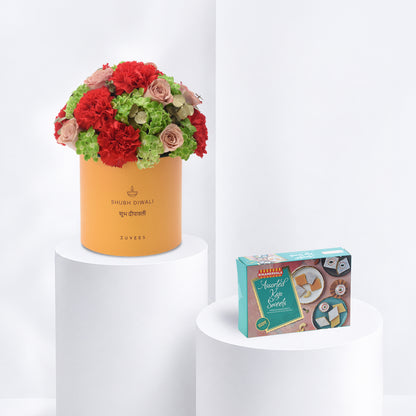 Diwali Rose &amp; Orange Carnation Yellow Box Sweets Combo - Diwali Gifts