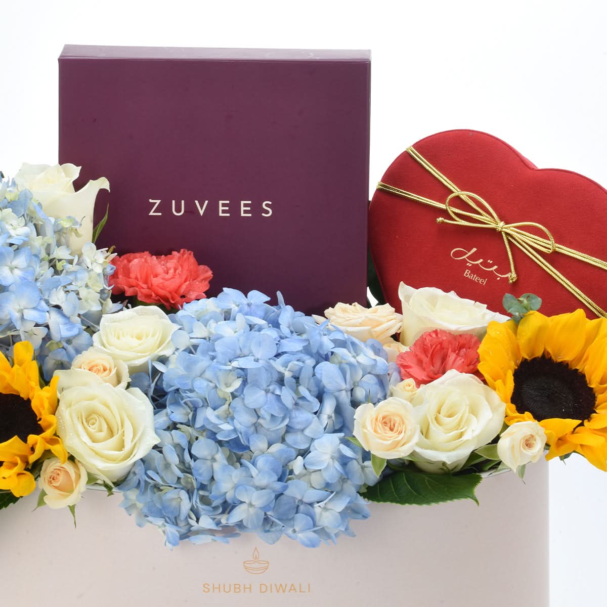 Diwali Blue Hydrangea &amp; Sunflower Gift Box - Diwali Gifts