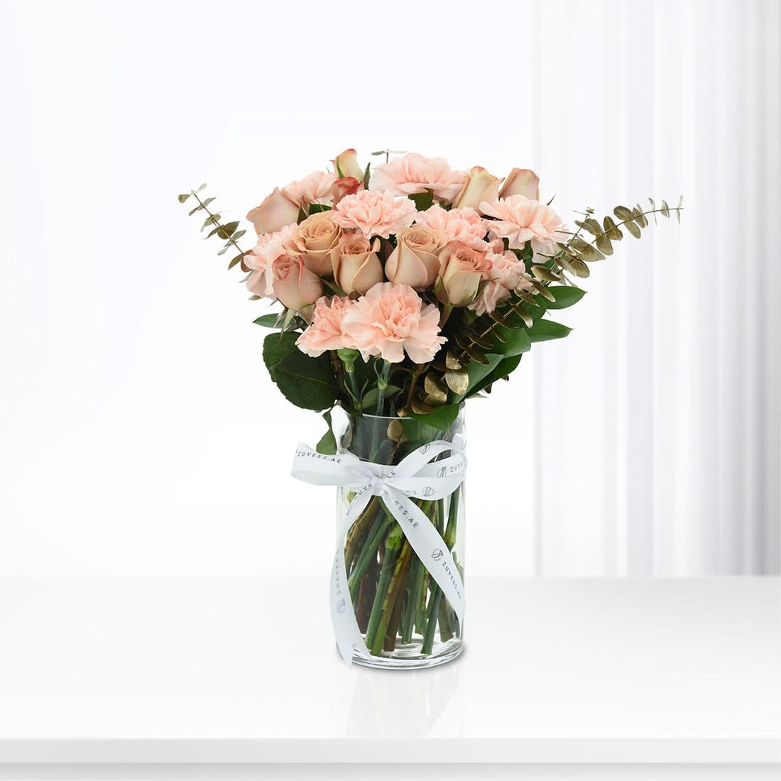 Diwali Elegance Cappuccino Roses &amp; Peach Carnations Vase - Diwali Gifts