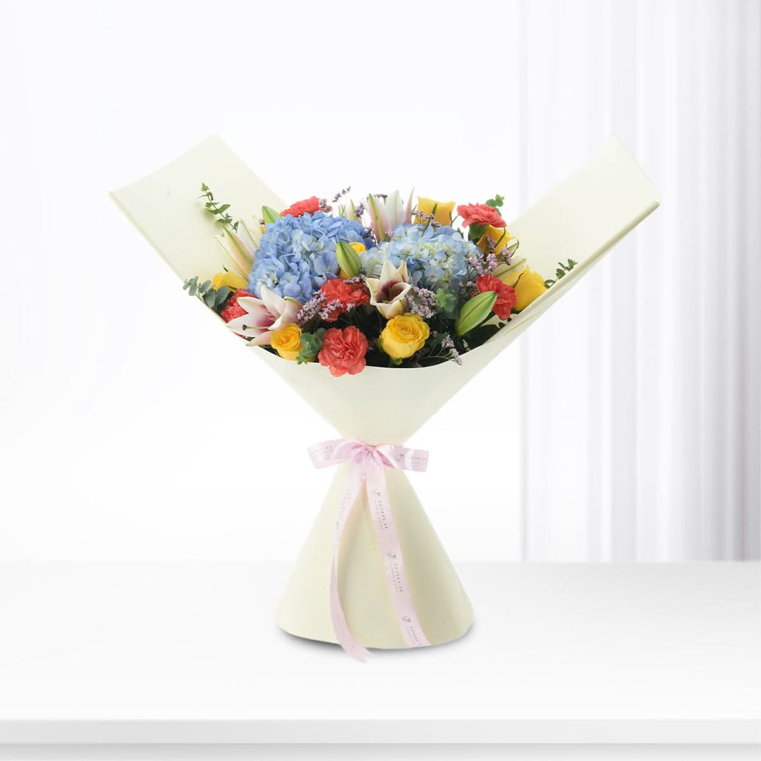 Diwali Festive Bloom Hydrangea, Roses &amp; Lily Bouquet - Diwali Gifts