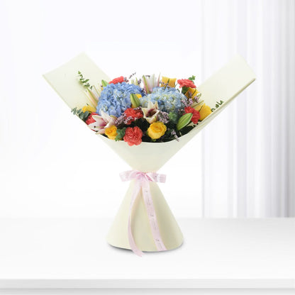 Diwali Festive Bloom Hydrangea, Roses &amp; Lily Bouquet - Diwali Gifts