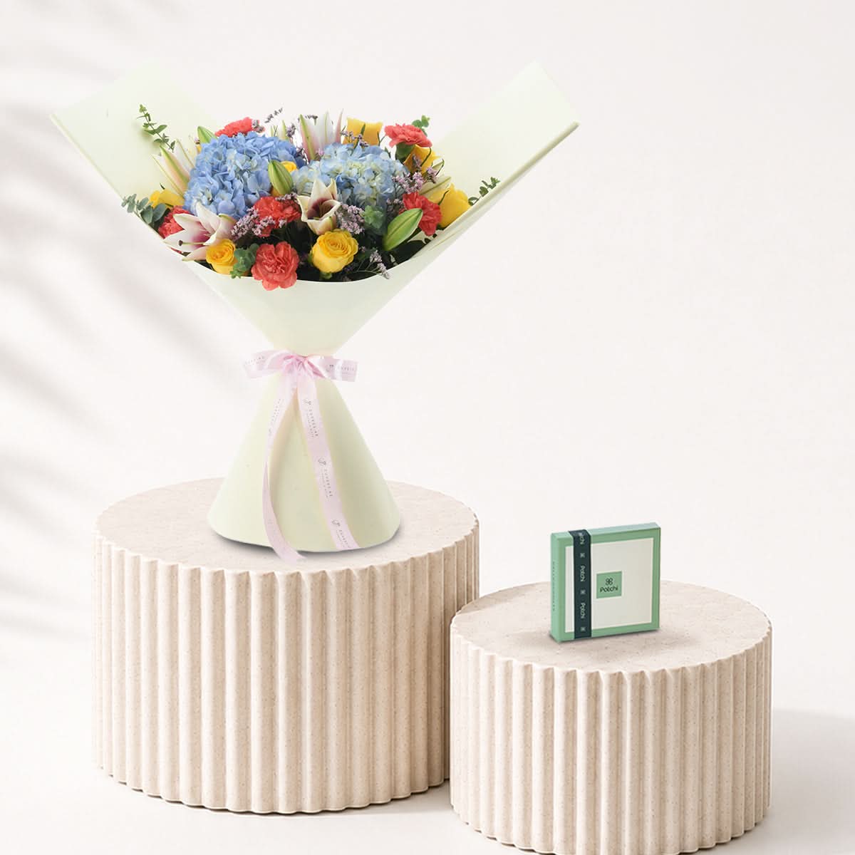 Diwali Hydrangea, Roses &amp; Lily Bouquet Chocolate Combo - Diwali Gifts
