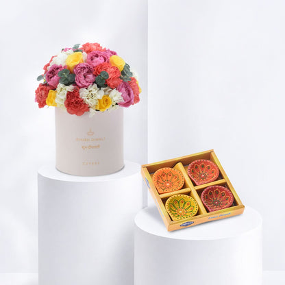 Diwali Mix Floral Bloom Box Diwali Diya Set Combo - Diwali Gifts