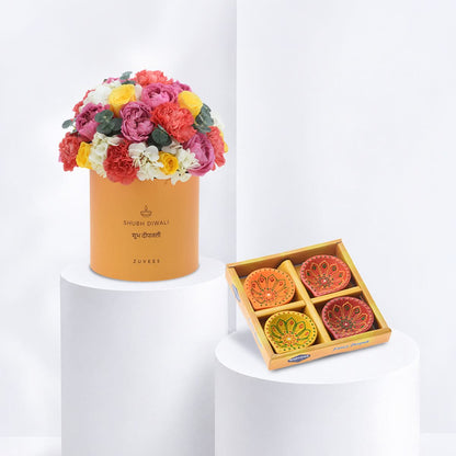 Diwali Mix Floral Bloom Box Diwali Diya Set Combo - Diwali Gifts