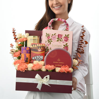 Diwali Orange Bloom &amp; Gourmet Gift Hamper - Diwali Gifts