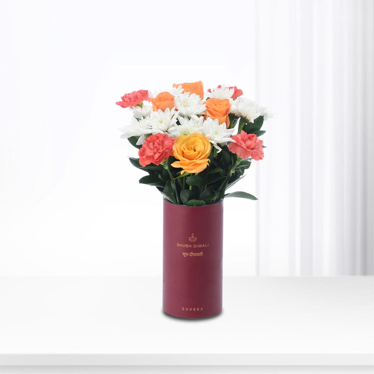 Diwali Orange Rose &amp; Chrysanthemum Flower Vase - Diwali Gifts