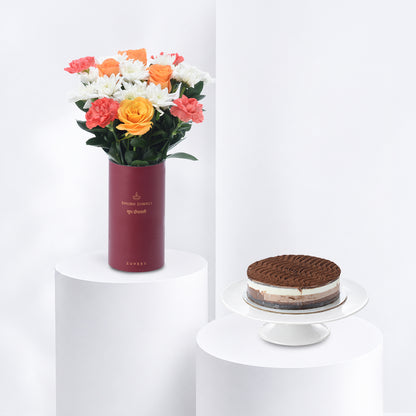 Diwali Orange Rose &amp; Chrysanthemum Vase Cake Combo - Diwali Gifts