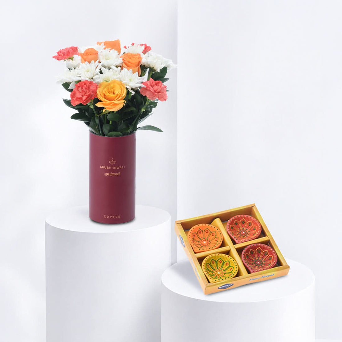 Diwali Orange Rose &amp; Chrysanthemum Vase Diya Set Combo - Diwali Gifts