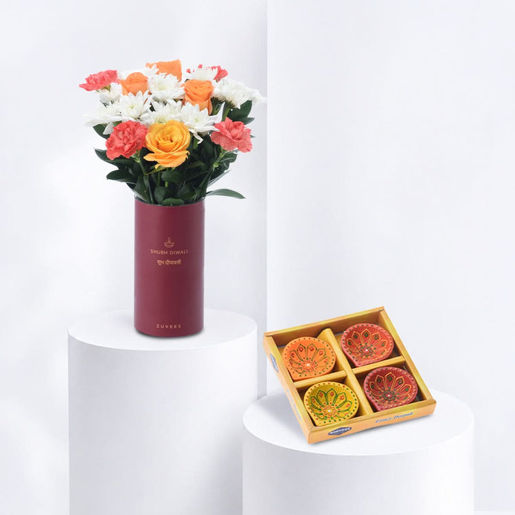 Diwali Orange Rose &amp; Chrysanthemum Vase Diya Set Combo - Diwali Gifts