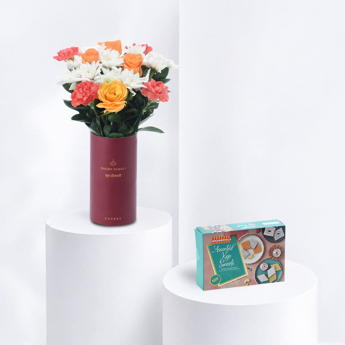 Diwali Orange Rose &amp; Chrysanthemum Vase Sweets Combo - Diwali Gifts