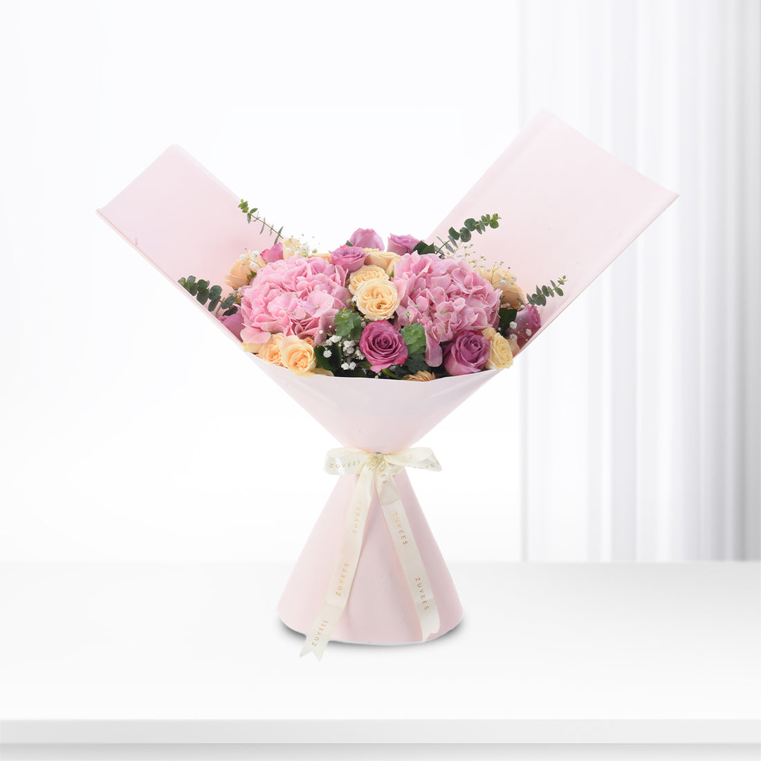 Diwali Pink Hydrangea &amp; Purple Roses Bouquet - Diwali Gifts
