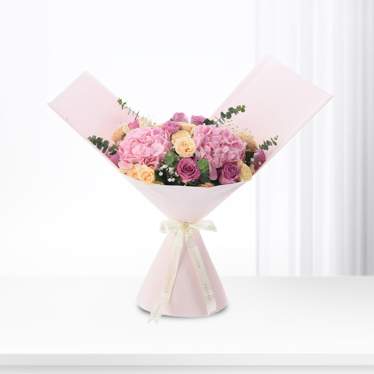 Diwali Pink Hydrangea &amp; Purple Roses Bouquet - Diwali Gifts