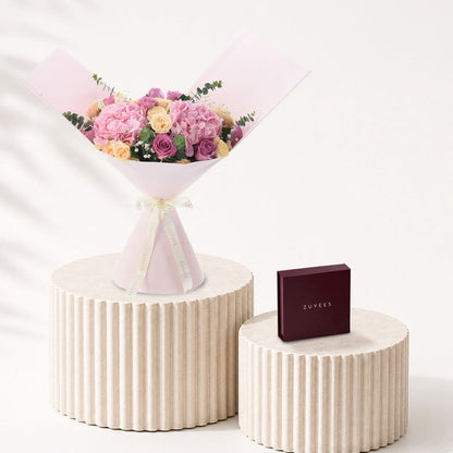 Diwali Pink Hydrangea &amp; Purple Roses Bouquet Chocolate Combo - Diwali Gifts