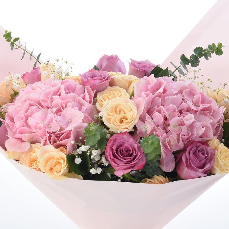 Diwali Pink Hydrangea &amp; Purple Roses Bouquet - Diwali Gifts