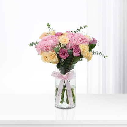 Diwali Pink Hydrangea &amp; Purple Roses Vase - Diwali Gifts