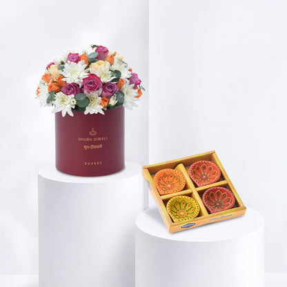 Diwali Purple Rose &amp; Chrysanthemum Box Diya Set Combo