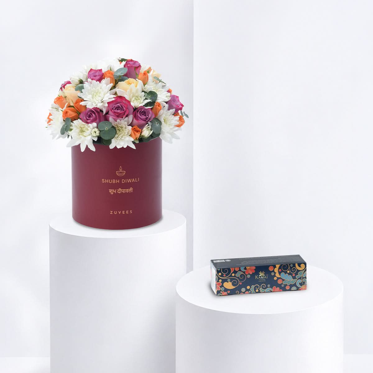 Diwali Purple Rose &amp; Chrysanthemum Red Box Sweets Combo